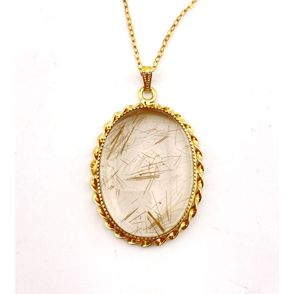 Gold Rutilated Quartz Pendant Necklace 12k Rolled Gold Chain 18.5 In